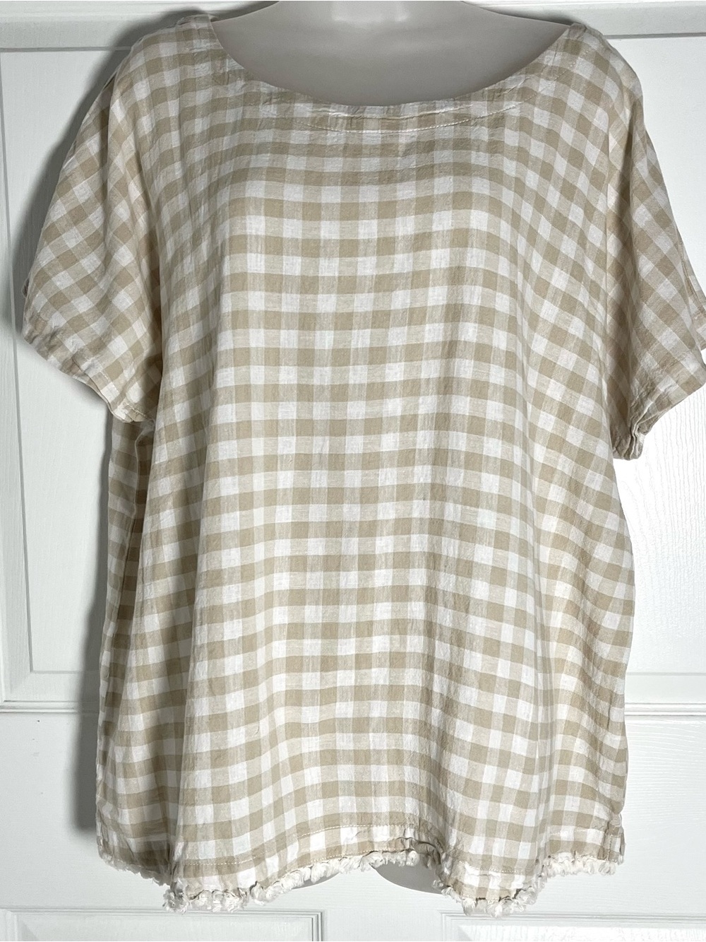 Liz Claiborne Tan Beige Gingham Checked Linen Blend Fringe Hem Boxy Blouse XXL
